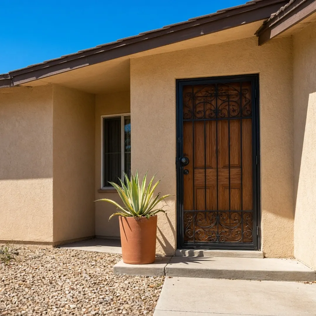 Front door and entry of a stucco ranch home in San Bernardino on a bright day