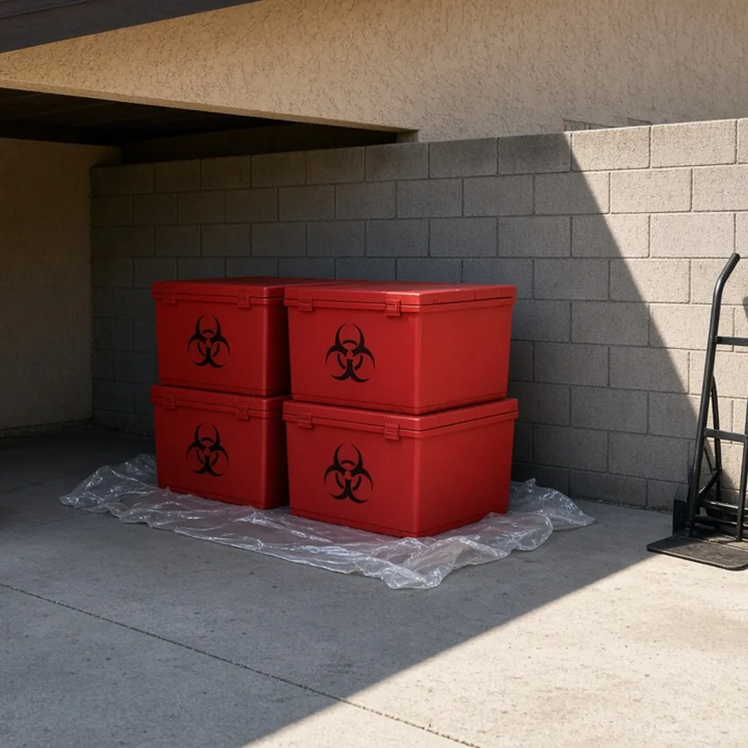 Sealed red biohazard boxes stacked in a carport ready for medical waste pickup