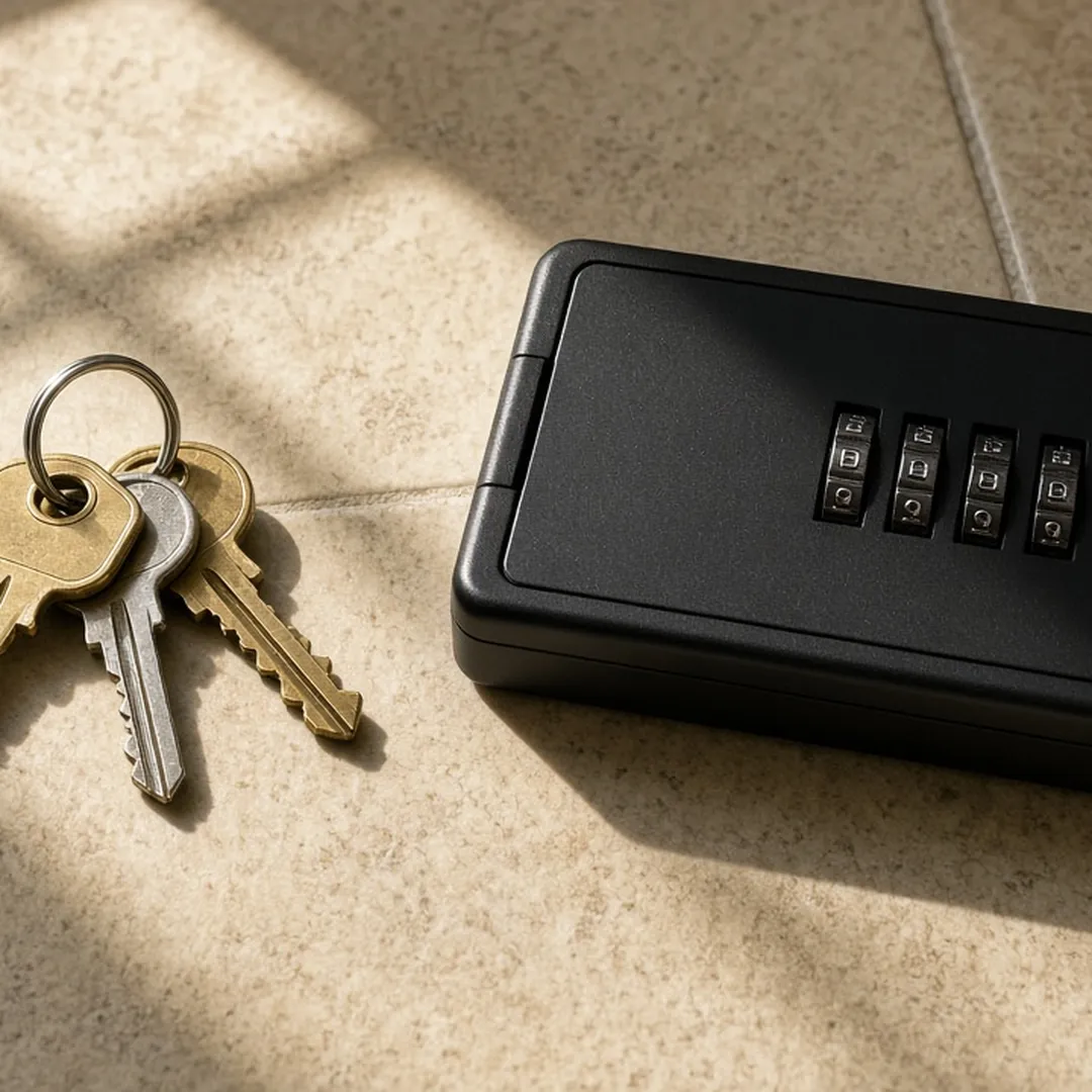 House keys and a lockbox on a tile counter