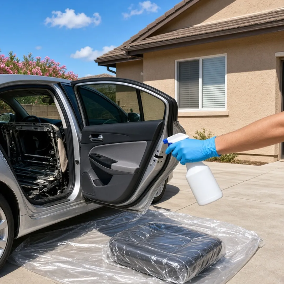 Car door open with seat cover removed during vehicle biohazard cleanup in a San Bernardino driveway